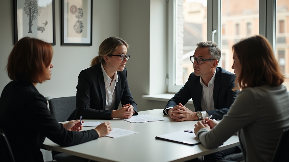 High angle view of a mediator facilitating a family discussion