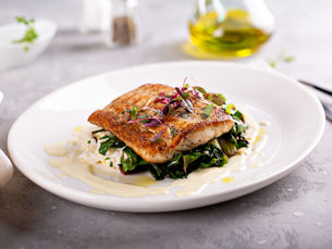 Pan Seared Goldband Snapper with Potato Puree, Wilted Spinach, Broccolini & Hollandaise Sauce