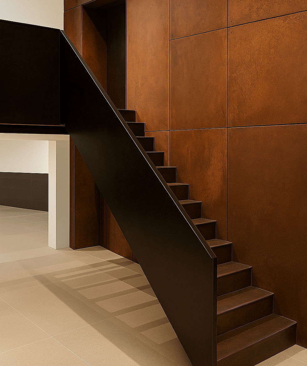 Modern staircase with warm-toned metal wall panels in interior setting