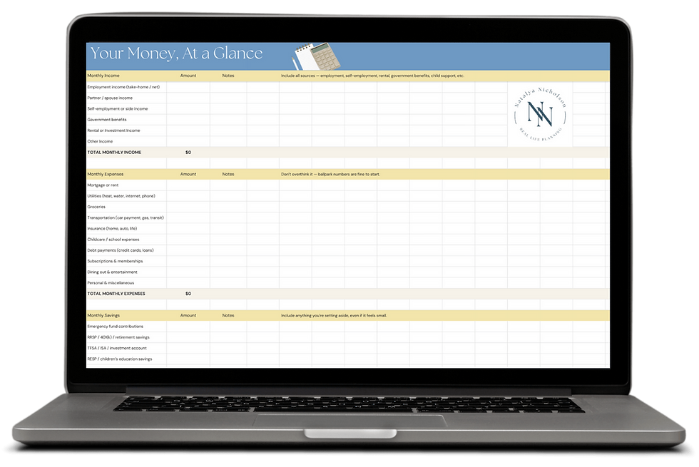 Laptop displaying the Your Money at a Glance spreadsheet resource