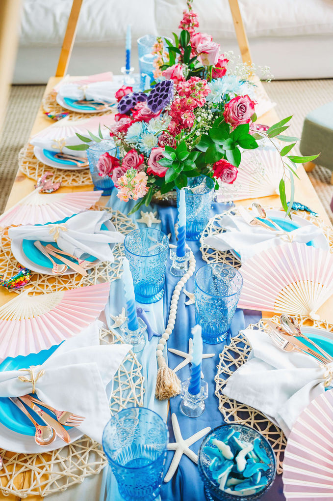 Close-up of the Splash kids picnic setup with ocean vibes by Sunkissed Design & Co.