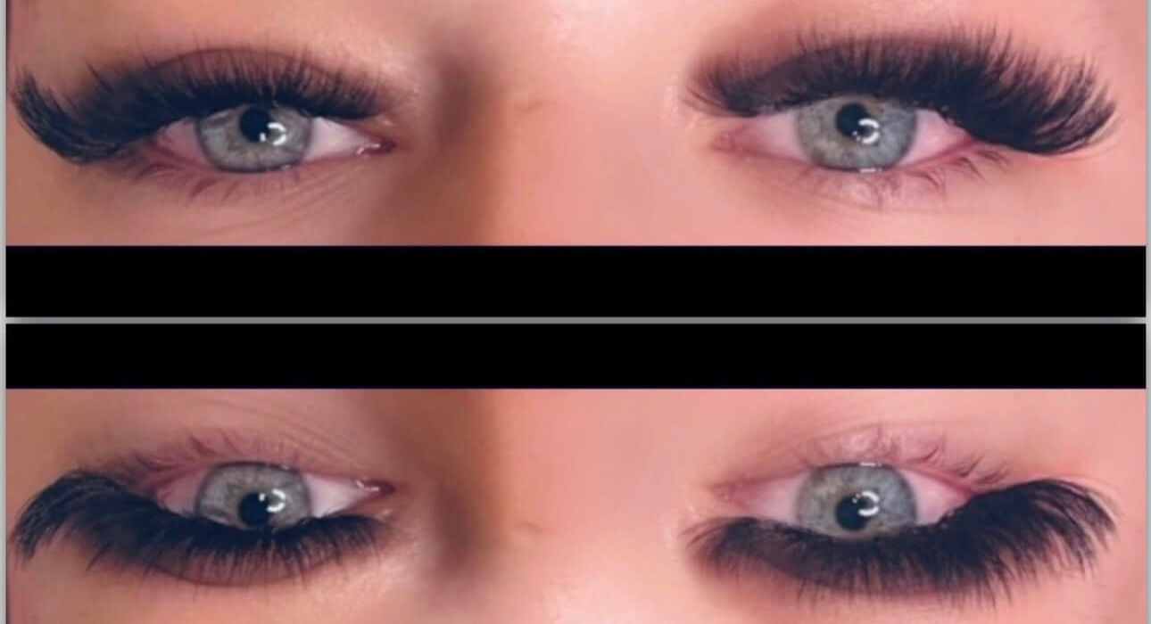 Close-up of a client with mega volume lashes, creating a bold and dramatic eye look.