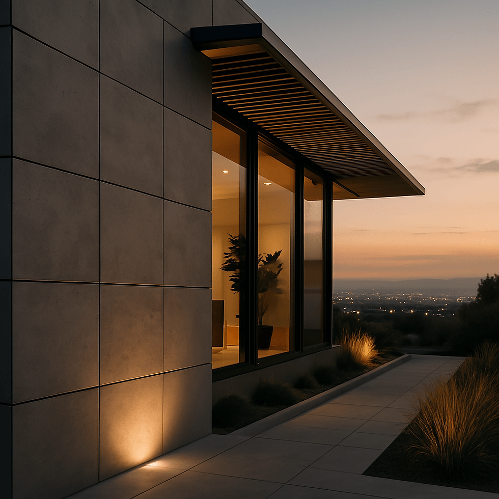 Modern home exterior at dusk featuring large fiber cement panels, warm interior lighting, and floor-to-ceiling windows with a view of city lights in the distance. Landscaping and architectural lighting complete the sleek, contemporary look.