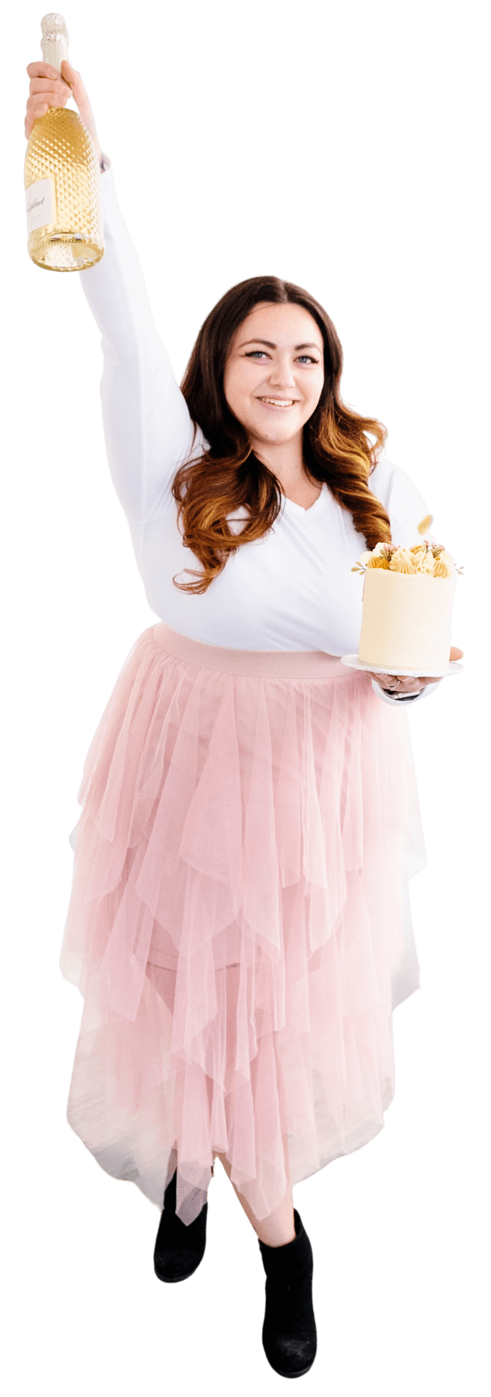 Business Owner Celebrating holding champagne and cake