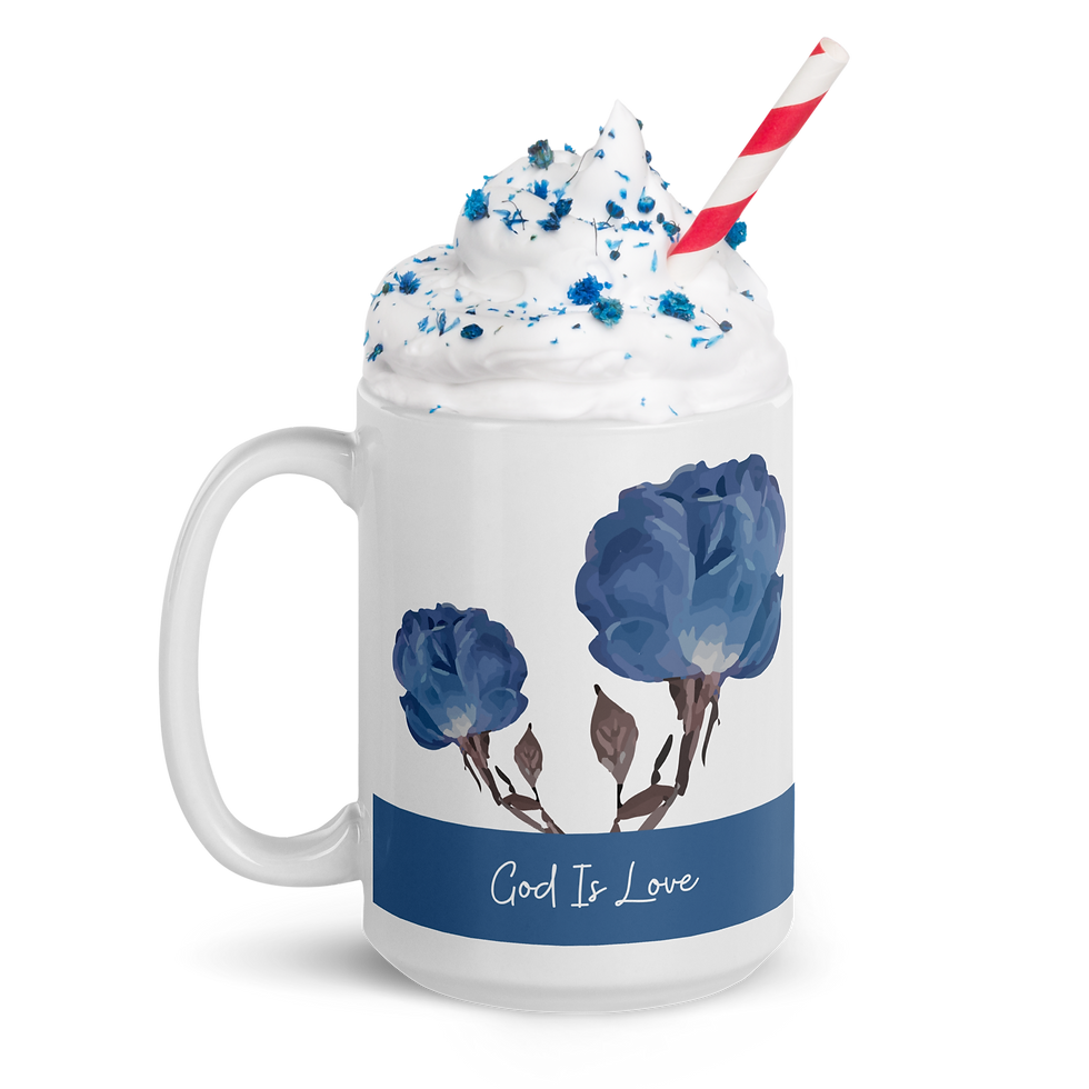 Thumbnail: eft hand view of mug with two blue flowers and God is Love print in bottom blue banner
