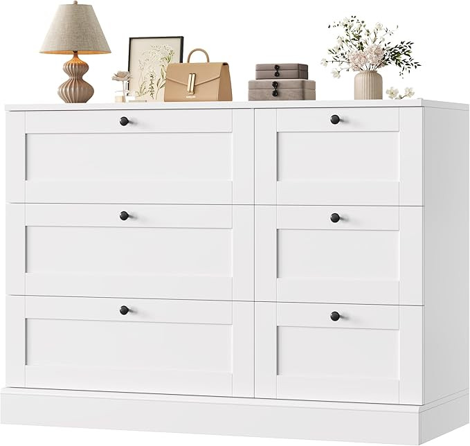 6 Drawer Dresser, White Dresser for Bedroom, Wood Wide Chest of Drawers