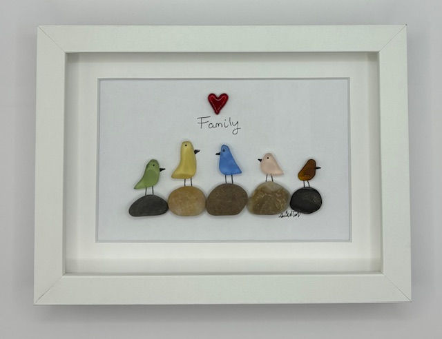 Thumbnail: 5 x 7 Family of 5 Birds on Rocks with Heart - Rainbow Colours