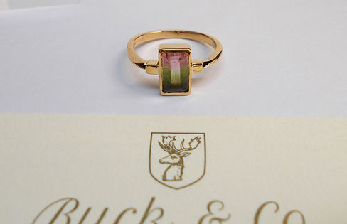 18ct gold, watermelon tourmaline handmade, in-house goldsmith, in-house gemmologist, gemstones.