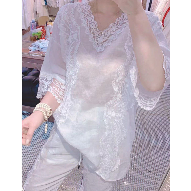 2023 New Summer Fashion Splice Lace V-Neck Small Sexy Women's Solid Color Slight