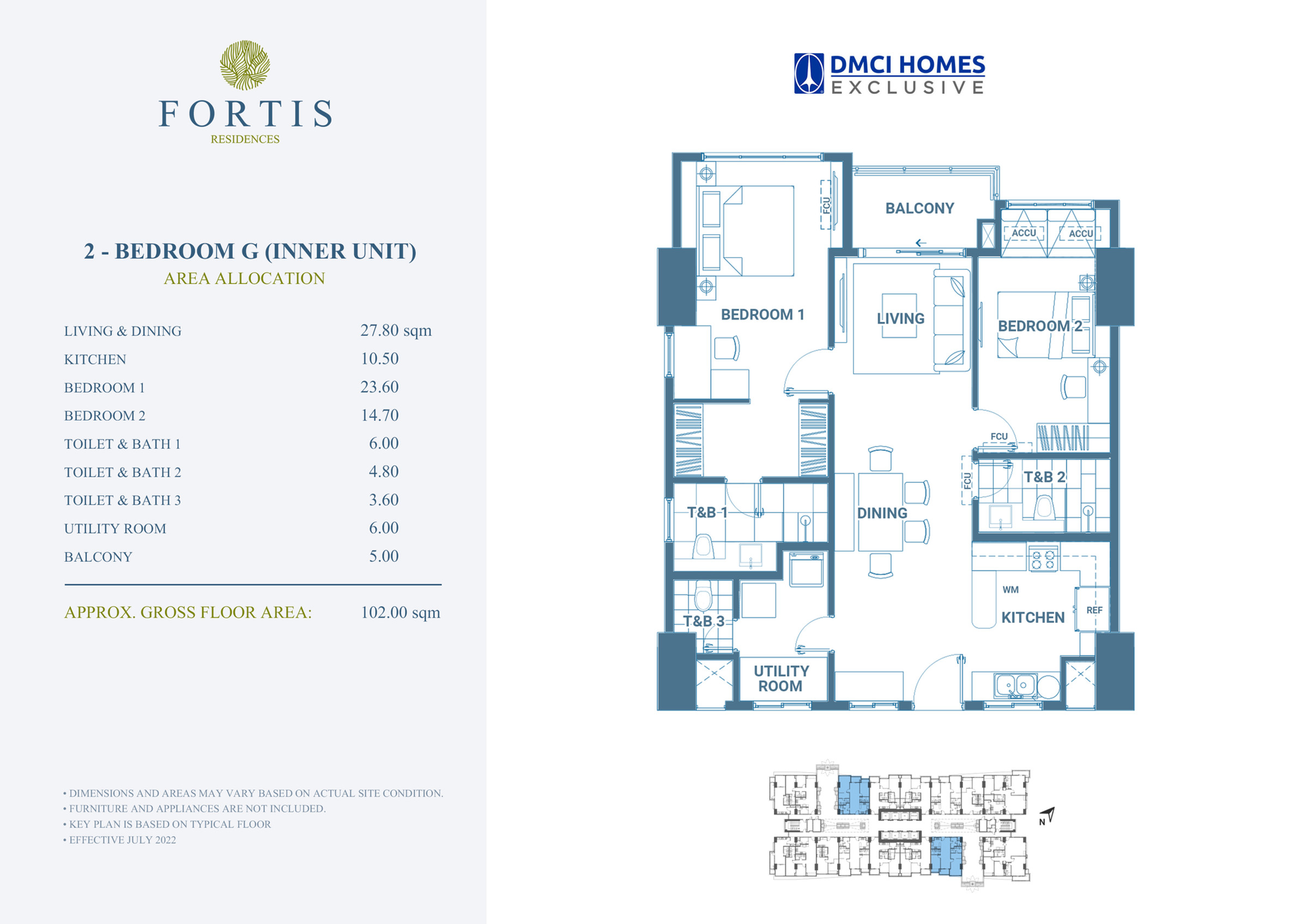 Two Bedroom · Unit G floor plan at Fortis Residences — approx. 102 sqm gross floor area