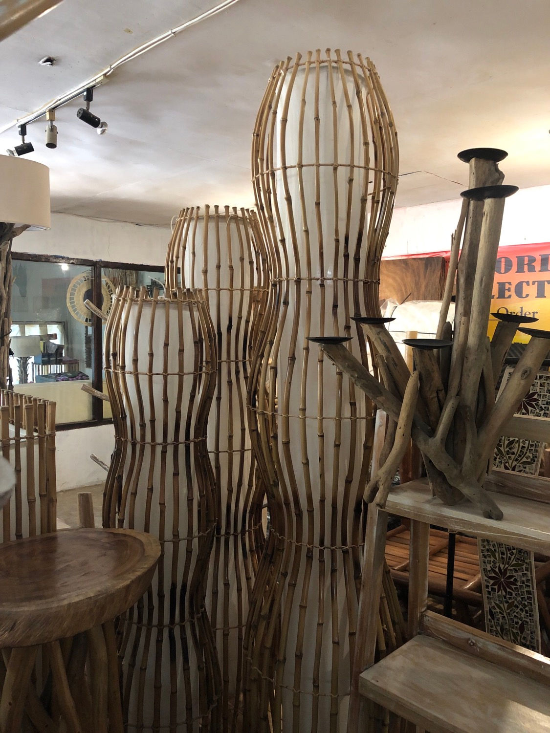 A Set Of 3 Standing Bamboo Lamp