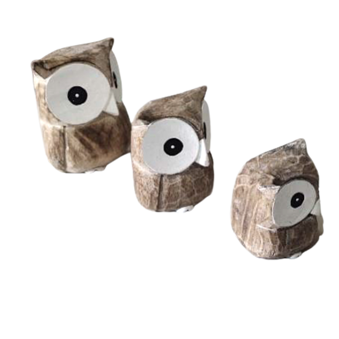 A Set Of 3 Small Wooden Owls