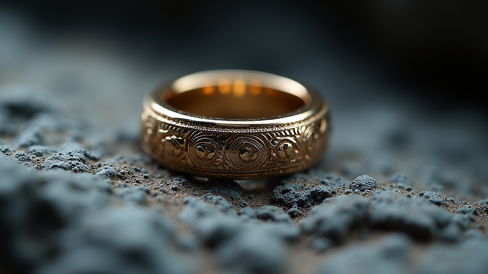 Close-up view of Papa Mude's ring on a textured surface, shimmering with intricate designs