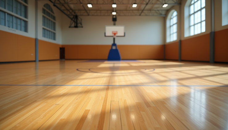 Eye-level view of a newly installed indoor basketball court with polished wooden flooring