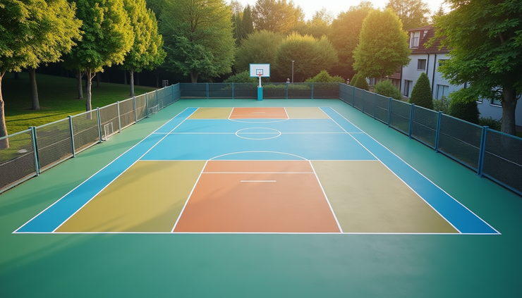 High angle view of outdoor sports court with synthetic flooring and drainage system