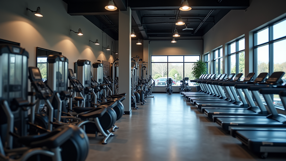 High angle view of gym equipment showroom with various machines displayed