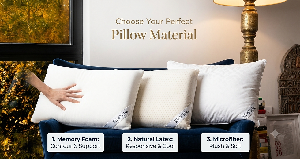 A comparison chart of three pillows labeled with memory foam, natural latex, and microfiber fills on a blue sofa.