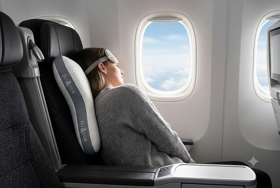 Side sleeper resting comfortably on a flight using an ergonomic travel pillow.