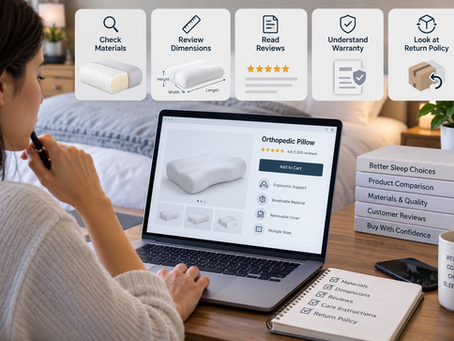 Researching pillow materials, dimensions, reviews, and return policies before buying.