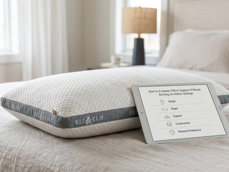 A textured Eli & Elm pillow rests on a neutral linen bed next to a checklist tablet.