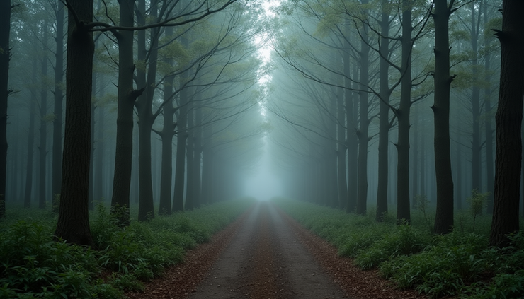 Eye-level view of dense forest path with mist weaving through tall ancient trees