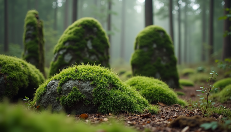 Close-up view of ancient rune stones partially covered in moss in a forest clearing