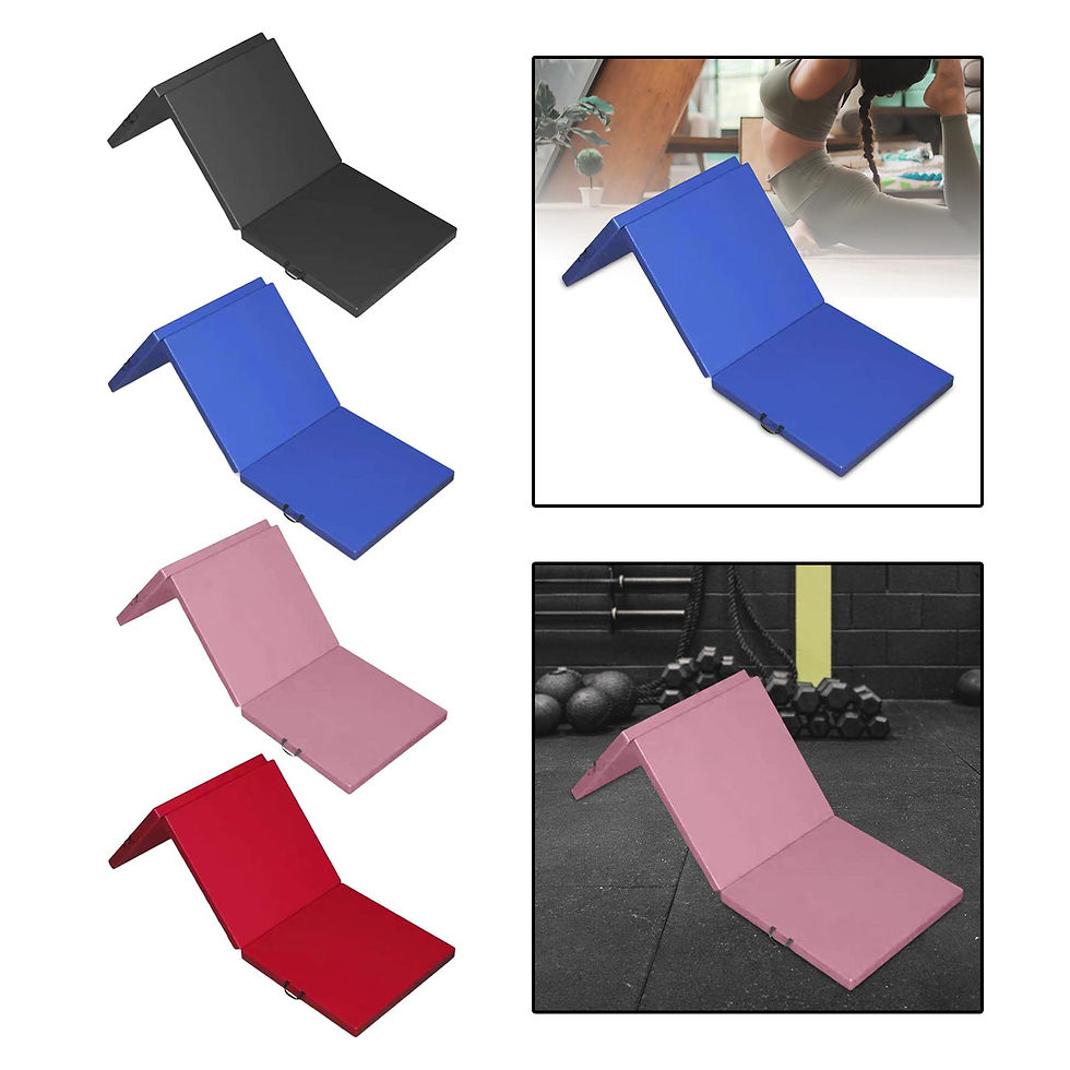 Workout mats in black, blue, pink, red, with blue and pink shown in use