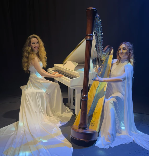 Piano and harp duo performing live classical, contemporary and elegant music for weddings, luxury events, corporate events and private celebrations in Dubai