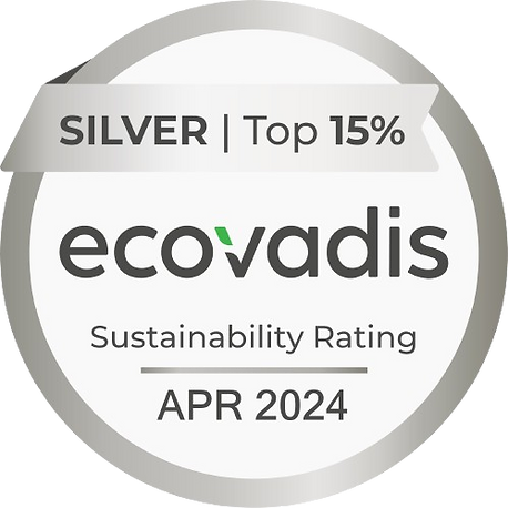 A round badge with a silver border and a white background shows the EcoVadis sustainability rating for April 2024. At the top, in silver font, it says "SILVER | Top 15%", indicating that the company is in the top 15% of the companies rated. In the middle is the "ecovadis" logo, with the "v" designed in green. Below that, in black font, it says "Sustainability Rating", followed by "APR 2024". The seal signals recognized sustainability performance.