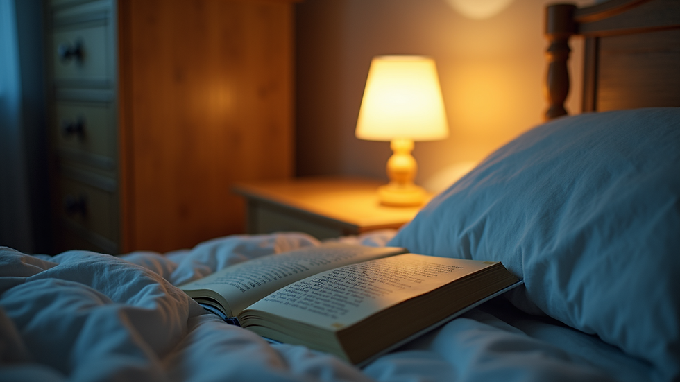 High angle view of a child’s bedside table with a personalized storybook and a nightlight