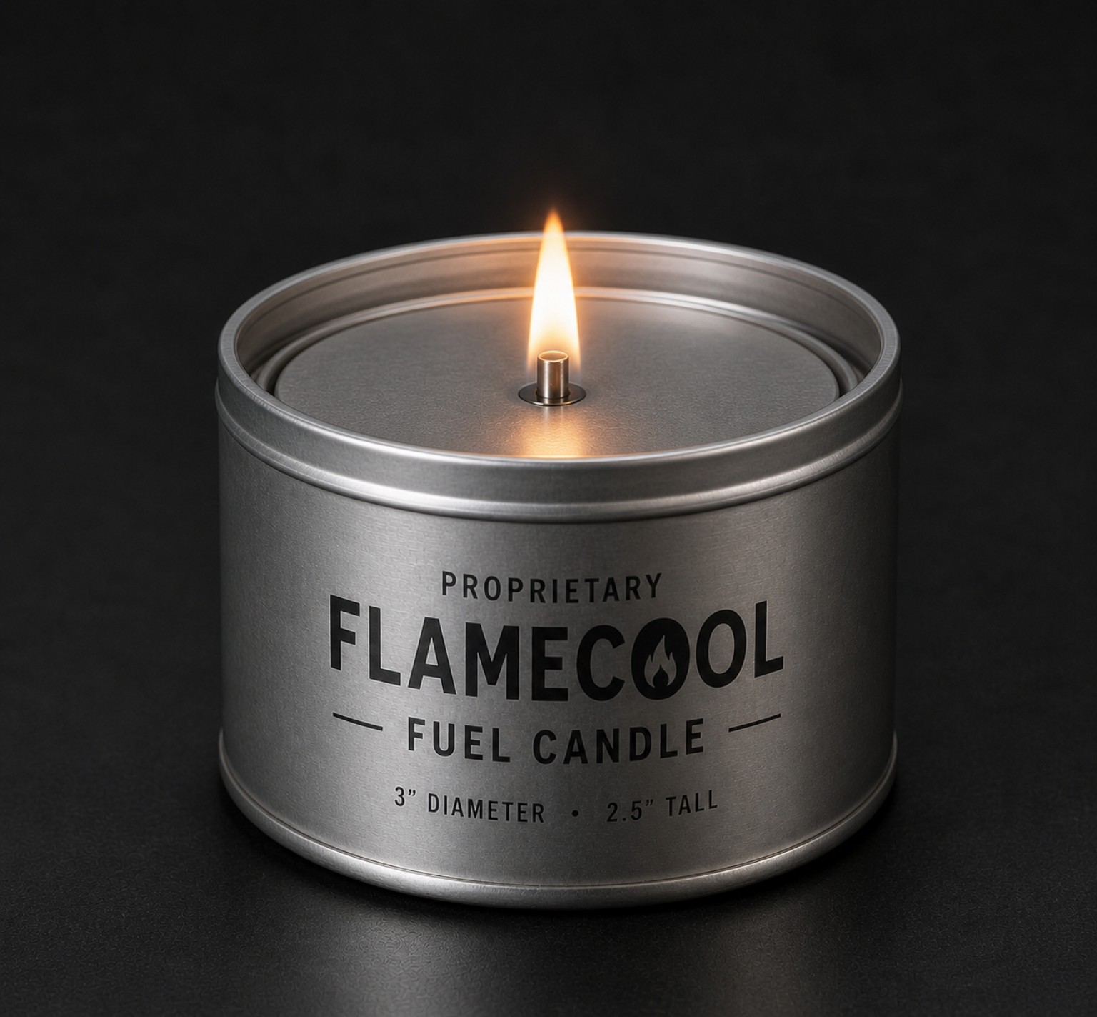 Original proprietary FLAMECOOL fuel candle, 3 inches in diameter and 2.5 inches tall