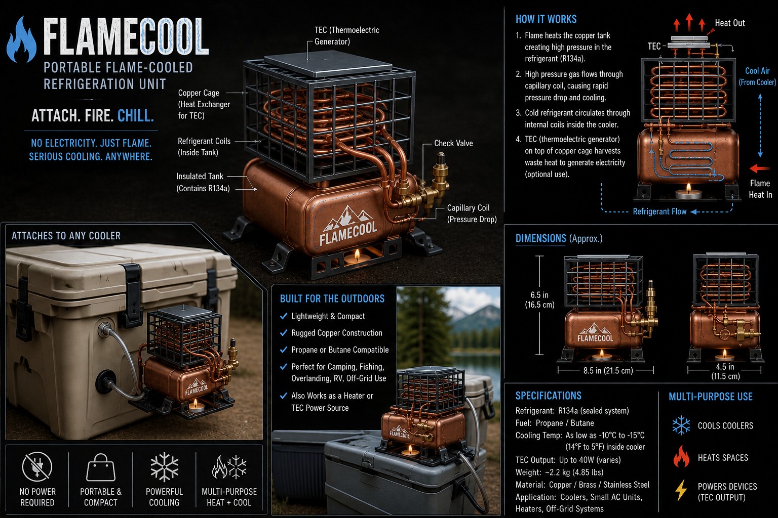 Original FLAMECOOL portable flame-cooled refrigeration unit attached to a standard cooler, with system diagram and specifications