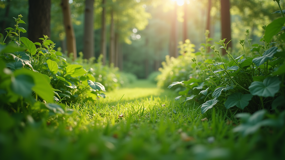 Eye-level view of a lush green garden with diverse plants