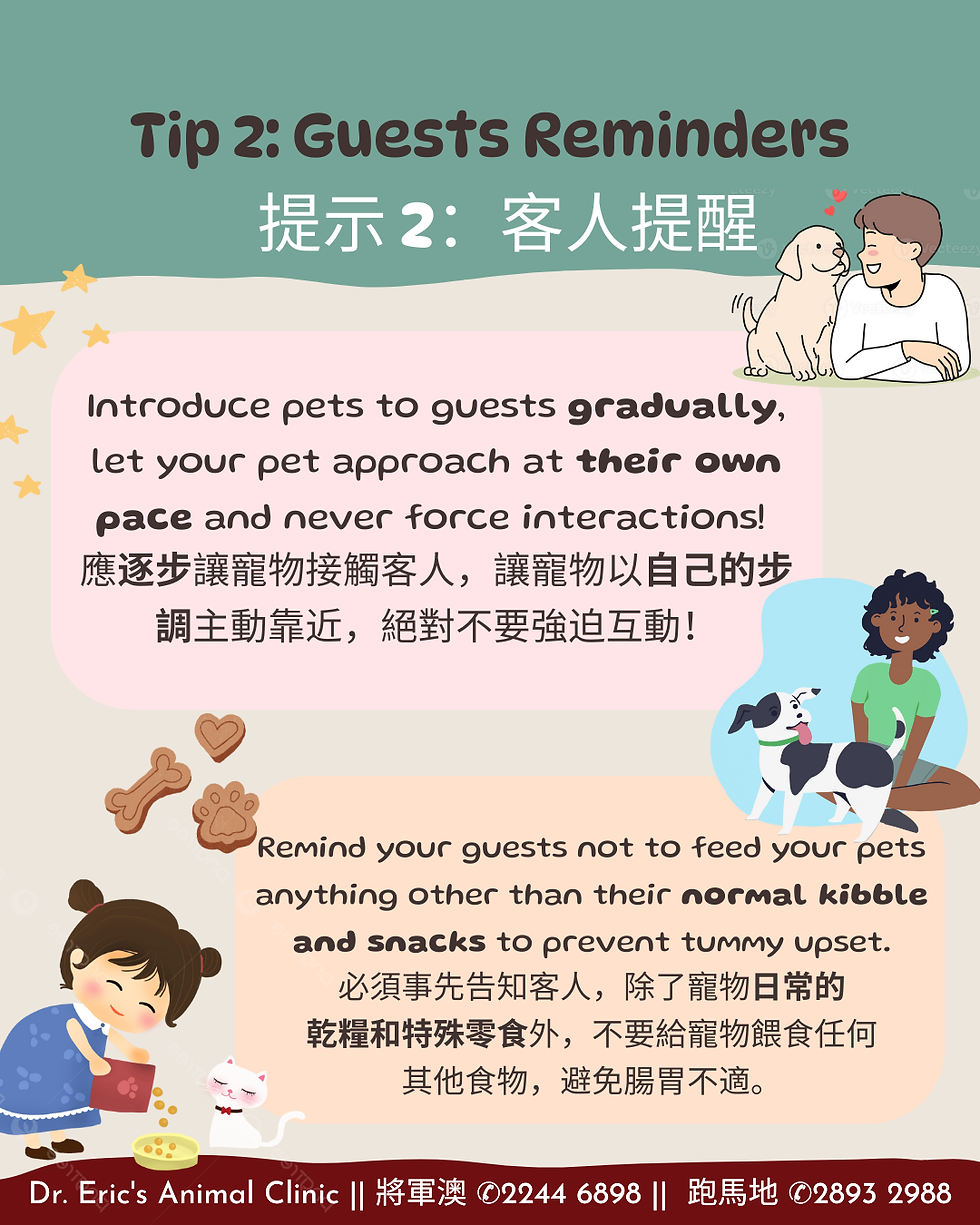 人与宠物互动图,主人与狗表达爱意;女孩喂猫,背景有客人提醒文本,颜色柔和,氛围友好温馨。