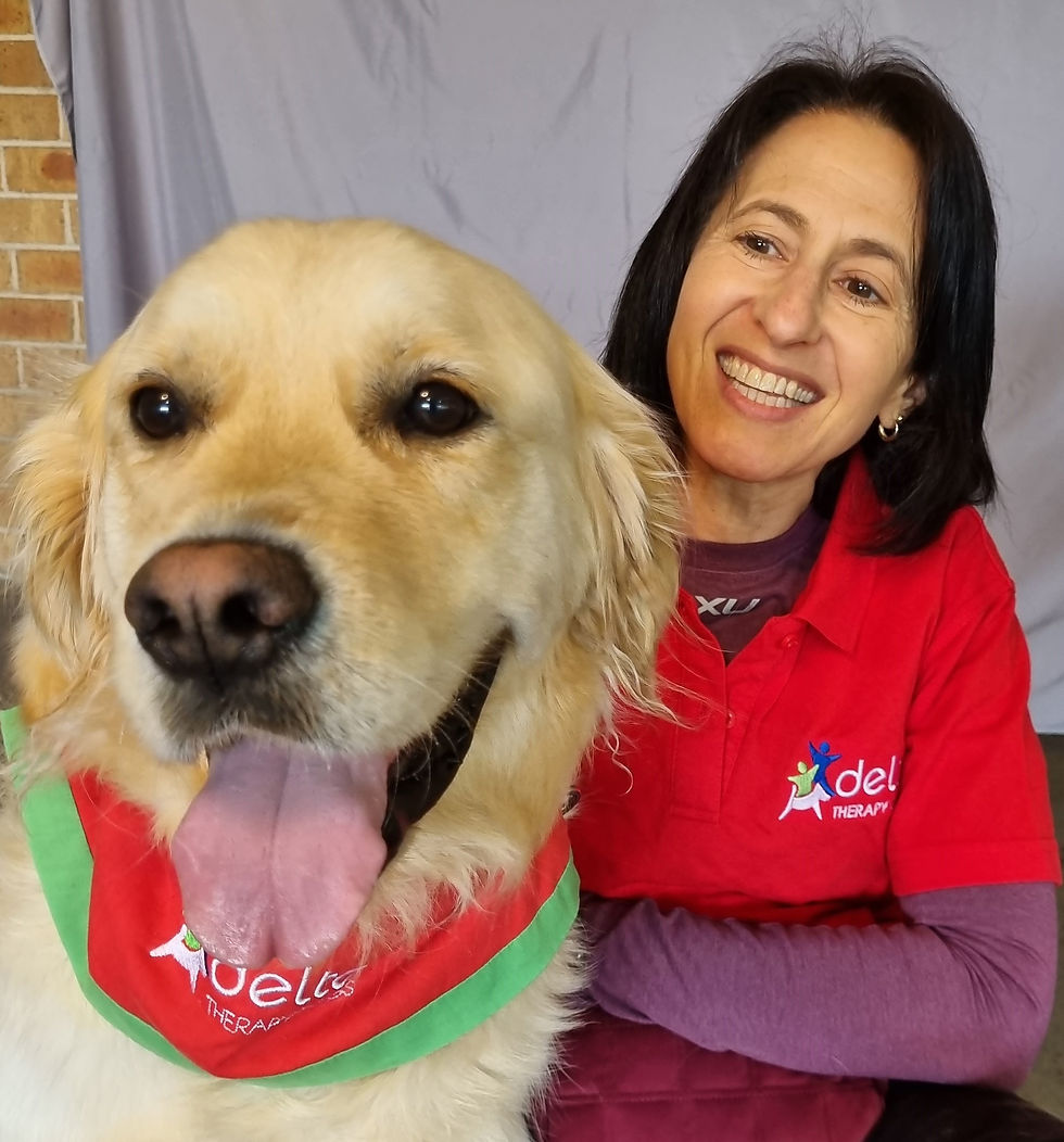 Nala, my Golden Retriever ready for R U OK Day. (official volunteering photo, courtesy of Delta Therapy Dogs)