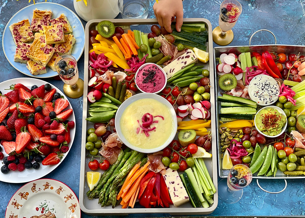 Range of healthy and colourful sweet and savoury platters that feed the family when eatting outdoors