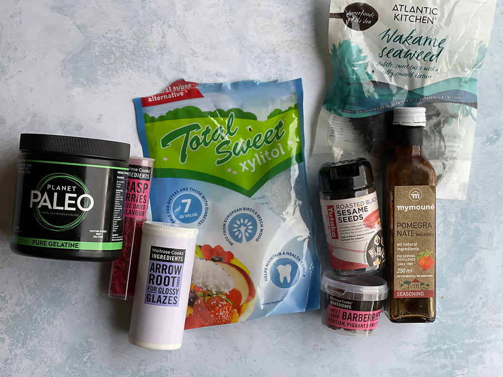 Claudine's unusual cooking ingredients include xylitol, sesame seeds, seaweed, gelatin, raspberry pieces, pomegranate molasses, gelatin powder, arrowroot and barberries