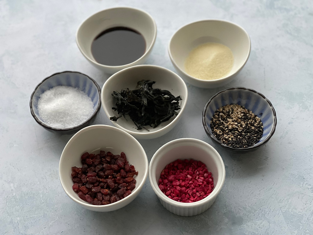 Claudine often cooks with sesame seeds, seaweed, xylitol sugar substitute (Total Sweet), raspberry pieces, pomegranate molasses, barberries and arrow root