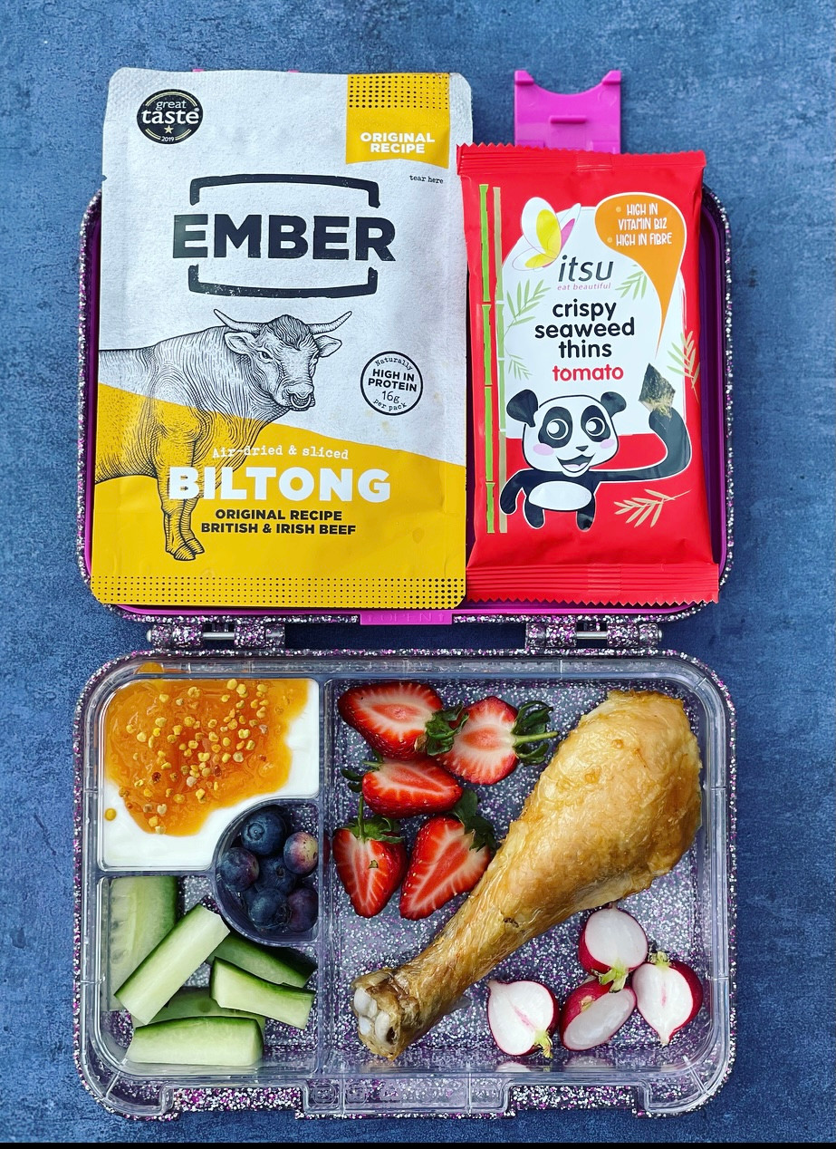 Claudine's healthy yumbox lunchbox contains natural Ember biltong, Itsu crispy seaweed and a range of seasonal, local and organic produce for her kid's healthy school lunches