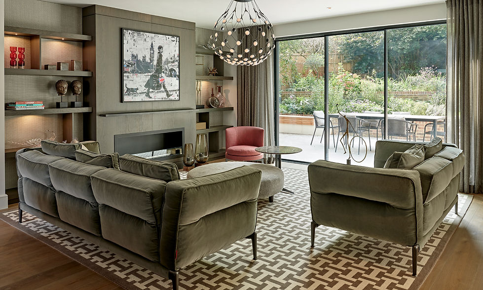 Living room with sectional sofa, fireplace and garden views, modern luxury interior design