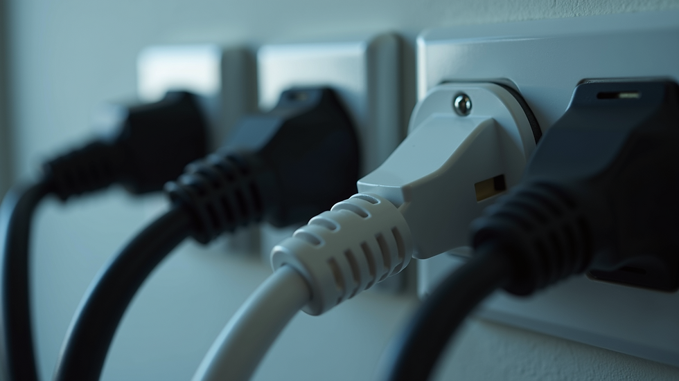 Close-up view of electrical outlets with multiple plugs and extension cords