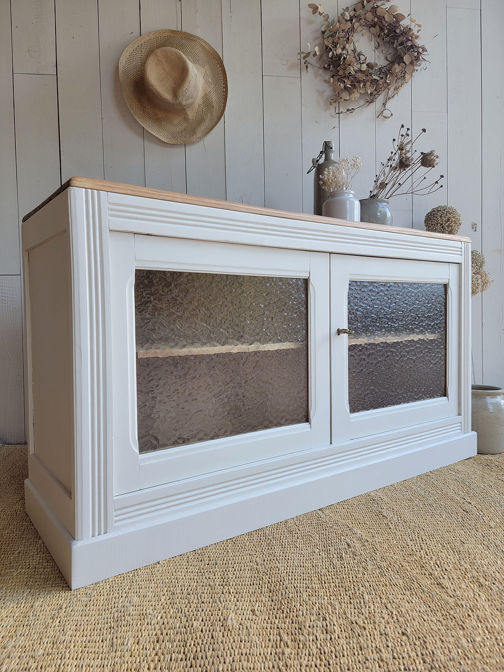 Miniature : buffet bas ancien style rétro peint relooké beige avec portes vitrée meuble tv vintage