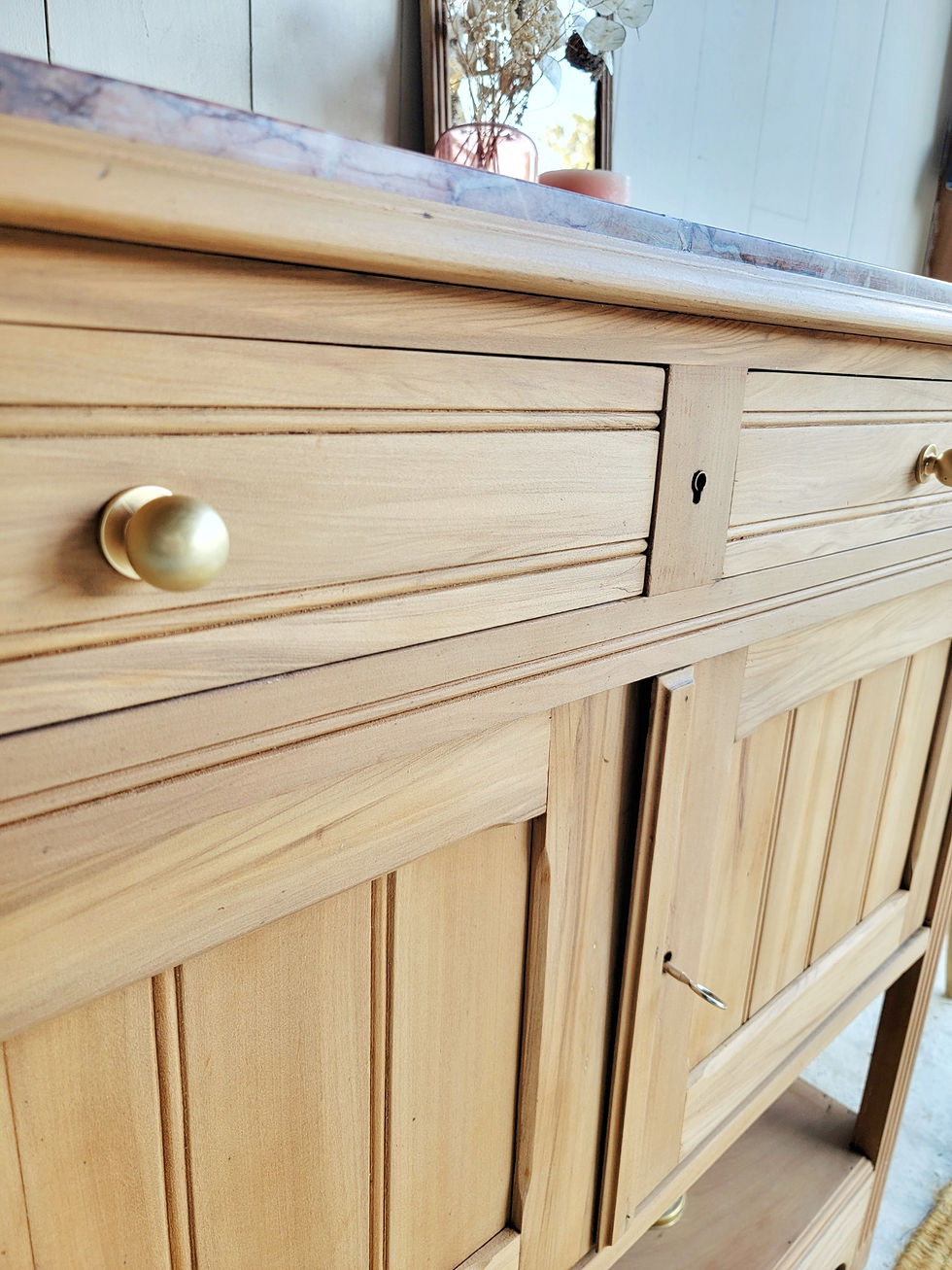 Miniature : buffet console meuble d'entrée ancien en bois et plateau de marbre deux tiroirs niche de rangement