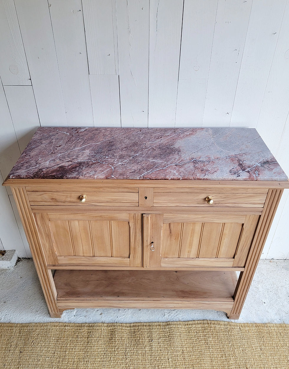Miniature : buffet console meuble d'entrée ancien en bois et plateau de marbre deux tiroirs niche de rangement