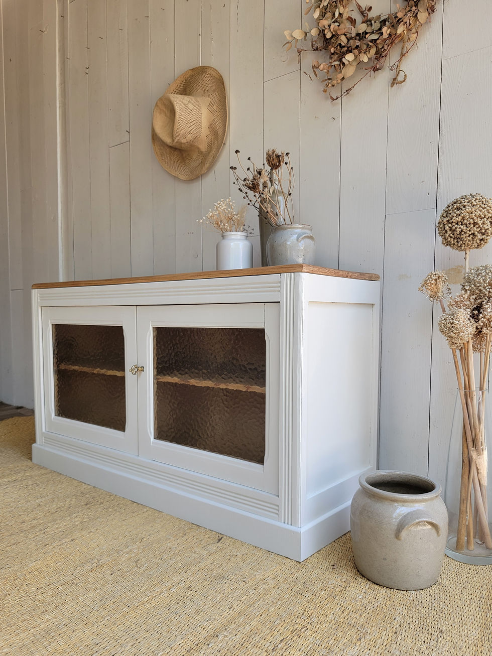 Miniature : buffet bas ancien style rétro peint relooké beige avec portes vitrée meuble tv vintage