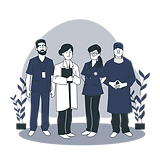 Illustration eines Kommunikationstrainings im Team: Mehrere Personen üben Gesprächstechniken, Zusammenarbeit und klare Abstimmung im beruflichen Umfeld.