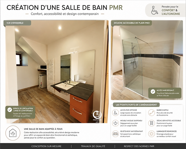 Chantier à Plouaret, création d'une salle de bain PMR, grande douche, meuble suspendu, grand espace pour une circulation facilité