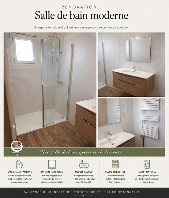 Chantier à Ploumilliau, salle de bain rénovation clé en main, style épuré, douche italienne, beaucoup de douceur et lumière naturelle