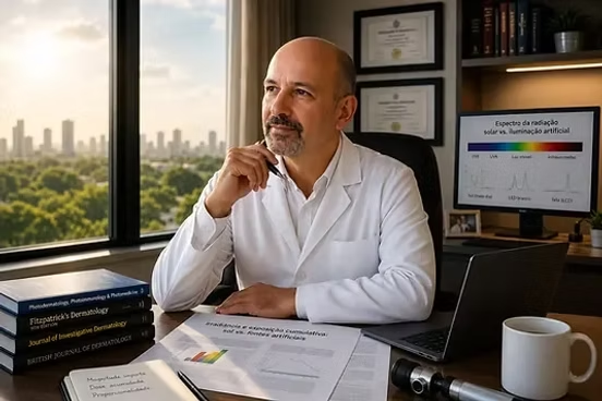 Dermatologista analisando estudos sobre radiação solar, luz azul, celulares e possíveis efeitos da exposição à luz sobre a pele