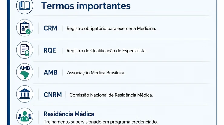 Quadro mostrando o significado dos termos CRM, RQE, AMB, CNRM e residência médica credenciada.
